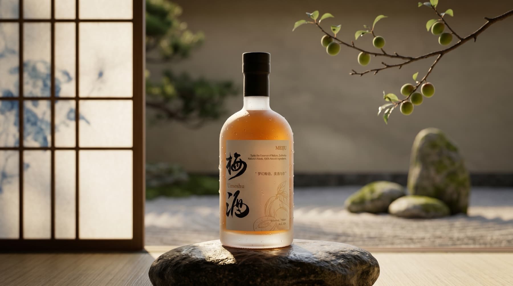Meiju sour plum wine bottle in a sunlit garden